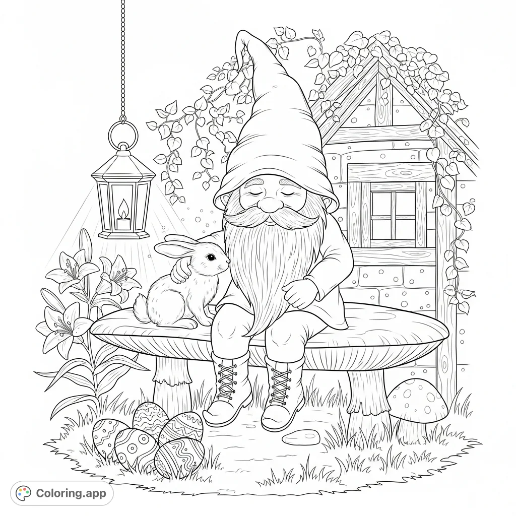 An enchanting gnome with a fluffy bunny sits on a mushroom bench, surrounded by decorated Easter eggs and delicate lilies, against a rustic cottage wall.