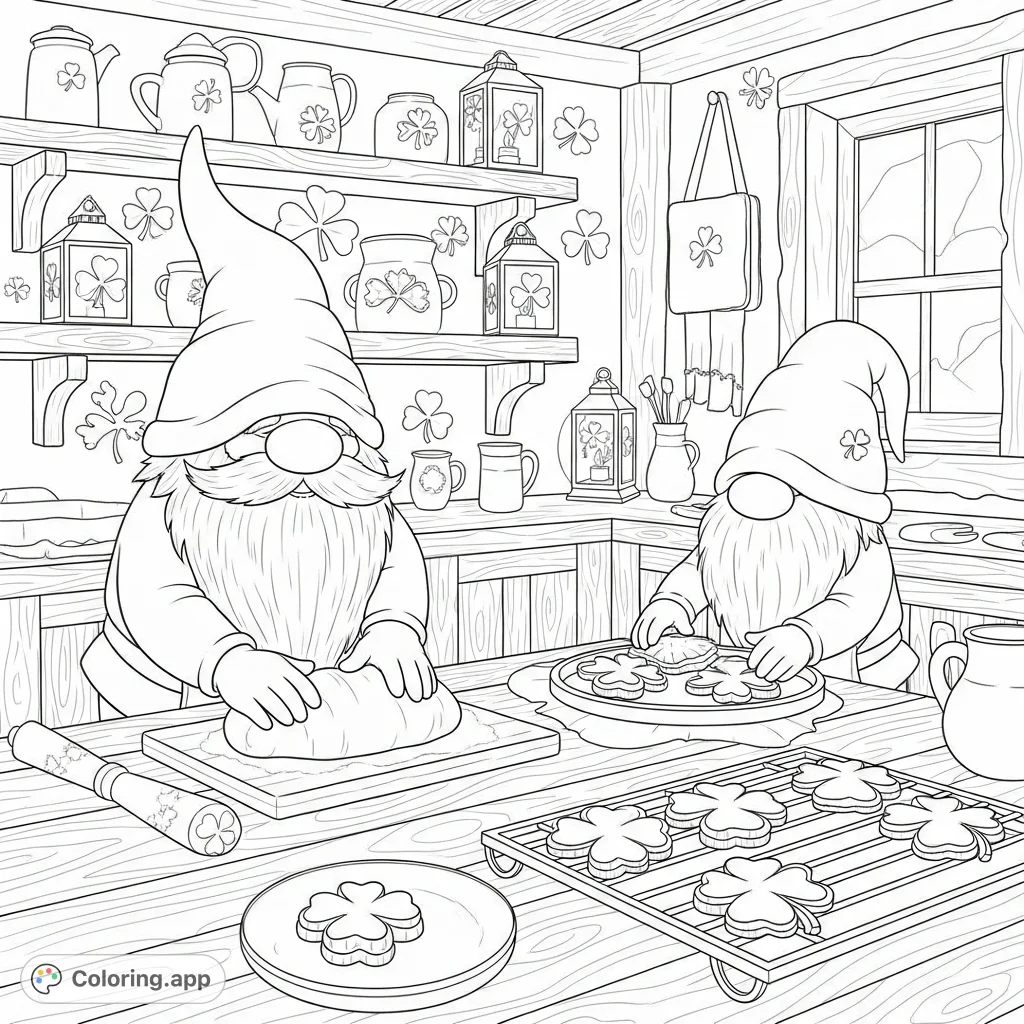 A delightful gnome kitchen scene featuring a gnome kneading dough and another arranging clover-shaped biscuits on a rack. Perfect for imaginative coloring.