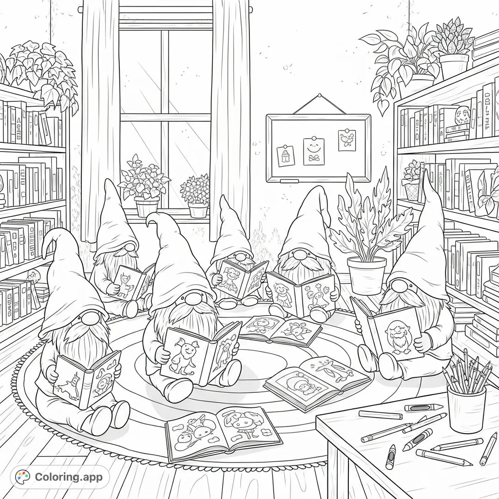 Step into a whimsical gnome classroom, where tiny scholars with floppy hats and long beards are absorbed in picture books on a circular rug. A charming, inviting scene!