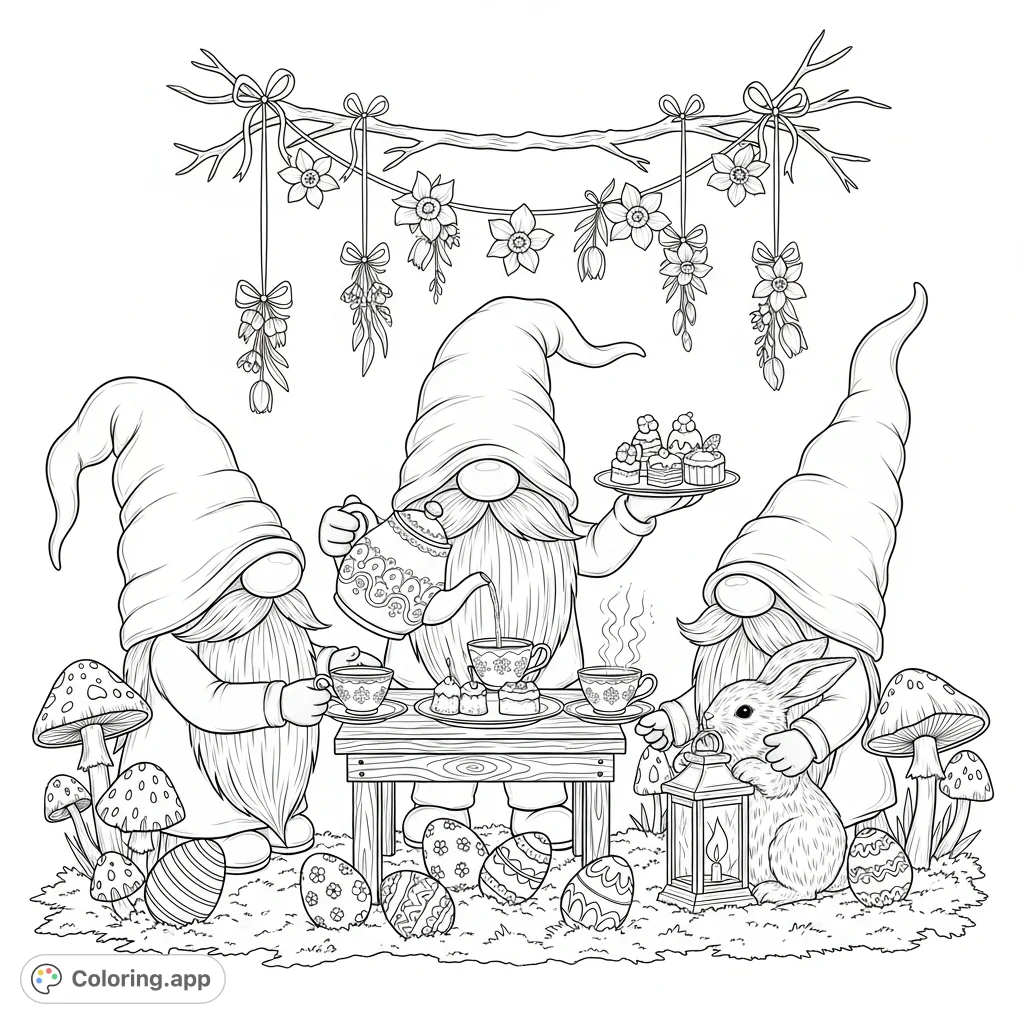 Join a charming trio of gnomes for a whimsical Easter tea party. Featuring floppy hats, flowing beards, delicate garlands, treats, and a fluffy bunny.