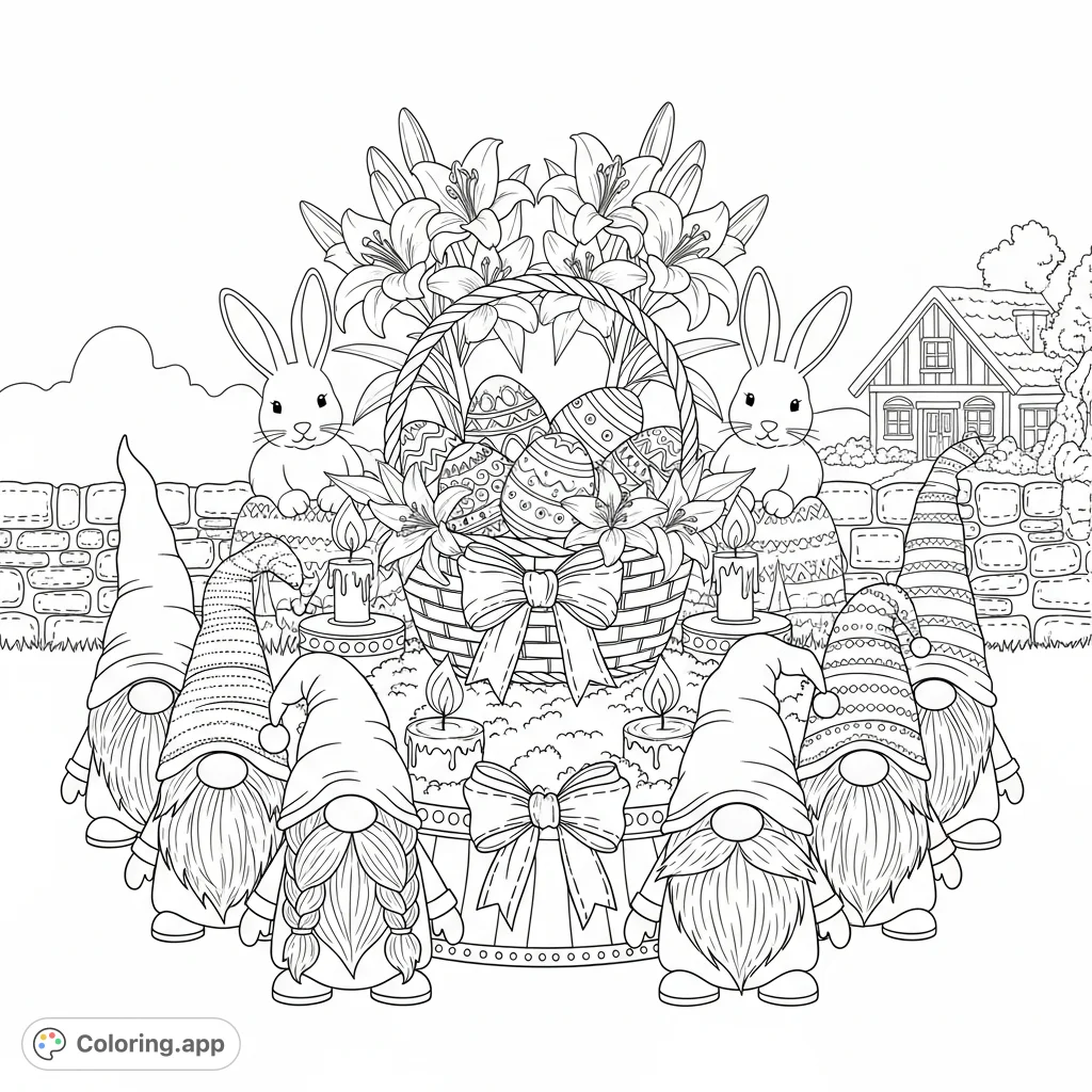 Charming gnomes, bunnies, and an ornate Easter basket overflowing with decorated eggs, surrounded by lilies and candles, set against a cozy cottage.