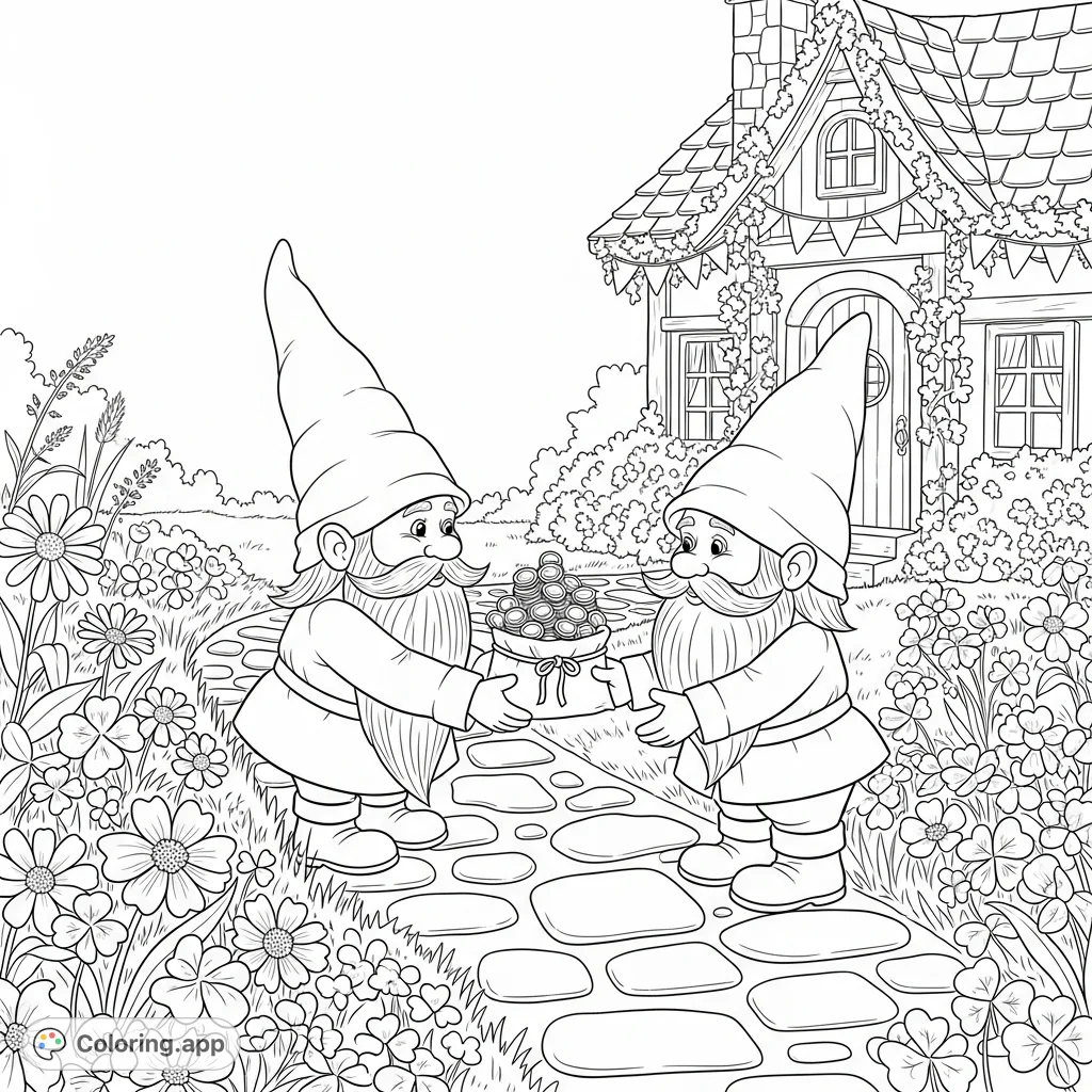 A charming gnome delivers a treasure-filled parcel to a friend on a winding path, with a cozy cottage and wildflowers creating a whimsical scene. Perfect for joyful coloring!