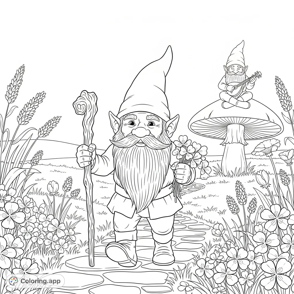 Discover a charming gnome coloring page featuring two whimsical gnomes, a winding stone path, lush clover, and wildflowers, perfect for all ages.
