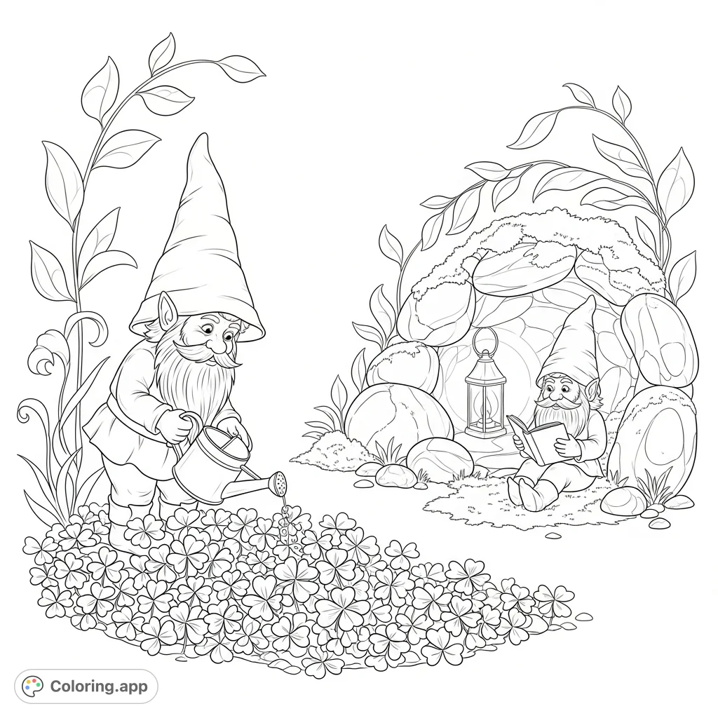 An enchanting gnome garden coloring page featuring two whimsical gnomes amidst lush clovers, a glowing lantern, and mossy stones. Delightful.