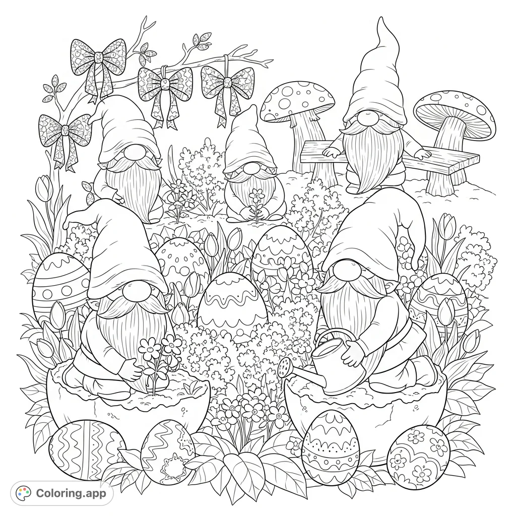 Whimsical gnomes with tall hats and flowing beards tend a magical egg-shaped garden filled with decorative eggs, lush plants, and charming mushroom benches.