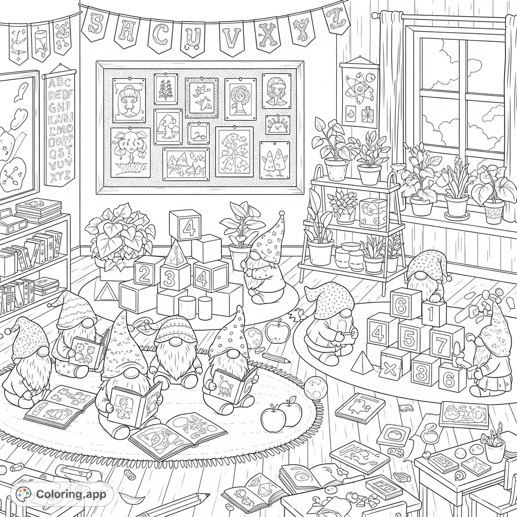 Discover a charming gnome classroom coloring page, featuring gnomes reading, counting, and tending plants amid school-themed decorations. Fun for all ages!