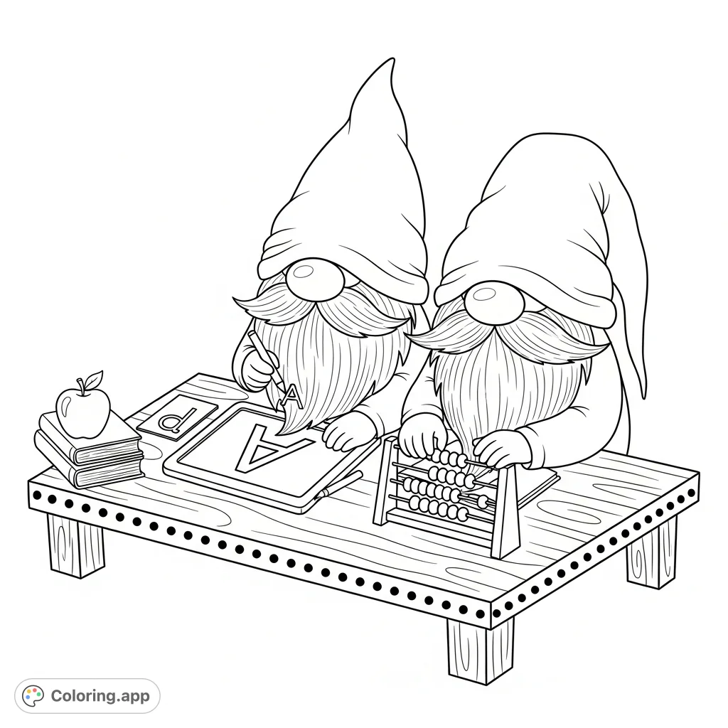 Two diligent gnomes practice letters on chalkboards and count beads on an abacus at a wooden desk. A whimsical scene perfect for focus and fun.