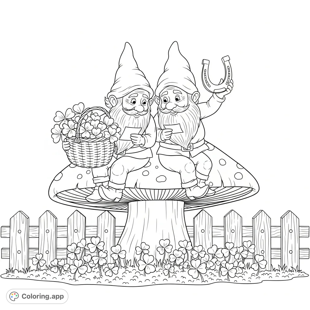 Discover a charming gnome coloring page featuring two gnomes exchanging goodwill notes on a mushroom bench, surrounded by clovers and a decorative fence.