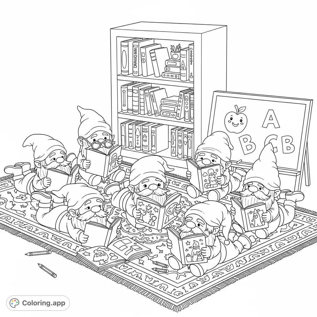 Discover a charming gnome coloring page featuring gnomes reading books on a patterned rug, surrounded by a bookshelf, chalkboard, and art supplies.
