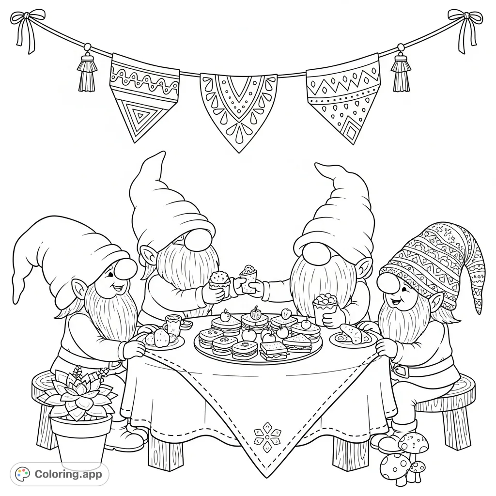 A delightful gnome coloring page featuring friendly gnomes sharing snacks around a cozy table. Perfect for all ages to enjoy a whimsical scene.
