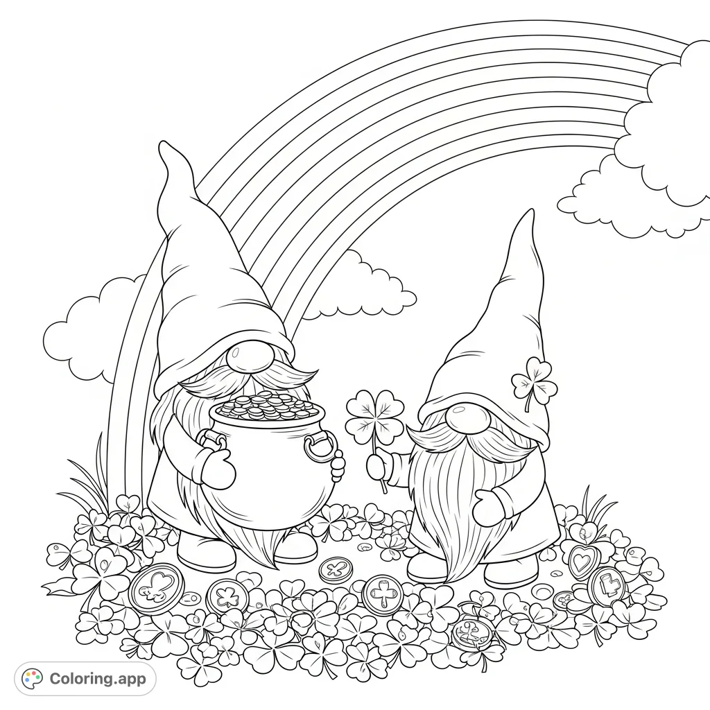 Discover a charming St. Patrick's Day coloring page featuring two joyful gnomes, a pot of gold, a vibrant rainbow, and a ground covered in shamrocks.