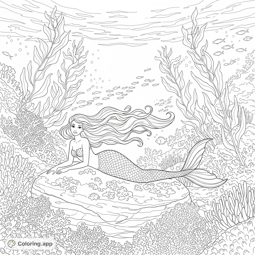 Dive into an enchanting underwater world with a graceful mermaid reclining amidst elaborate coral, swaying kelp, and darting fish. Perfect for ocean lovers.