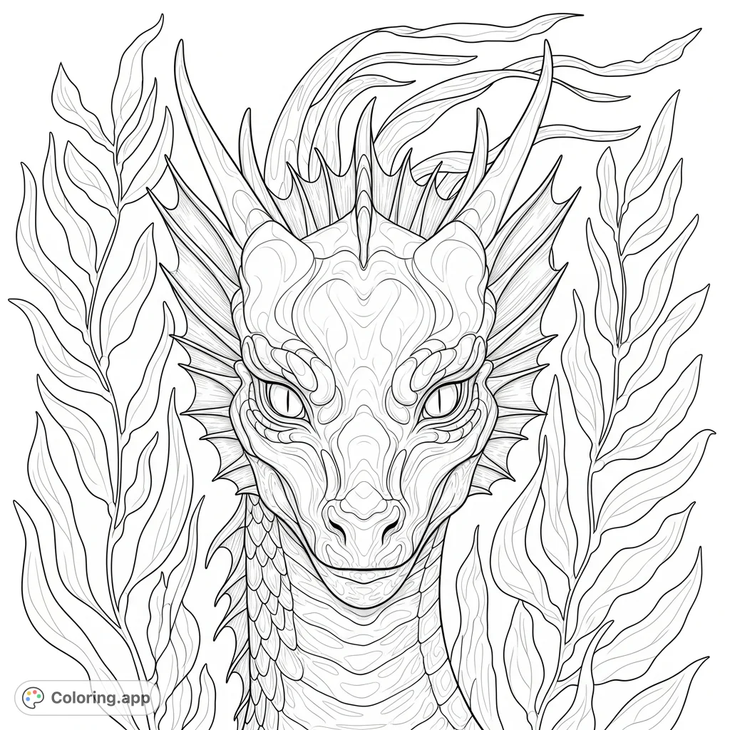 Discover a majestic water dragon emerging from crystalline depths. Its detailed scales, delicate fins, and luminous eyes promise a captivating coloring journey.