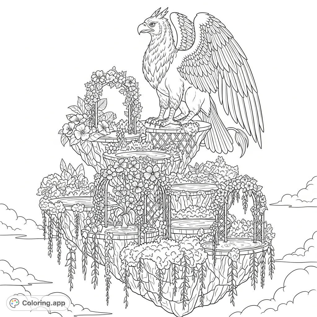 A magnificent griffin rests atop a magical floating garden, adorned with cascading plants, intricate trellises, and serene pools. A captivating fantasy scene.