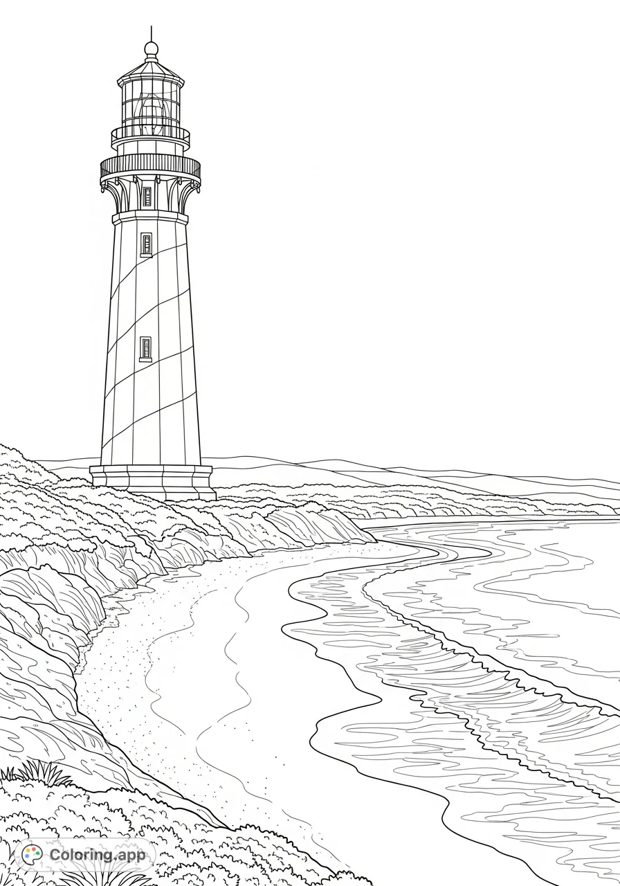 Capture the serene beauty of a classic striped lighthouse overlooking a tranquil sandy beach and rolling ocean waves. A picturesque scene perfect for all ages.