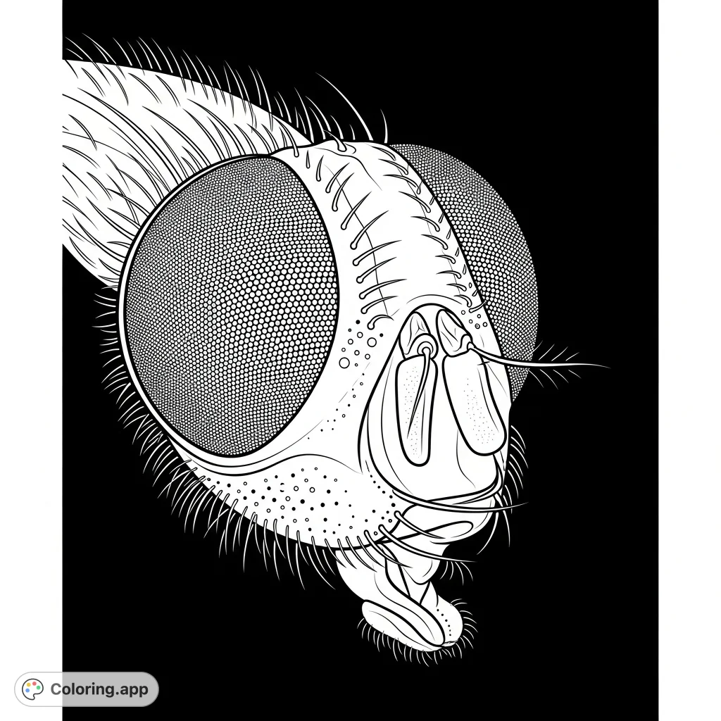 Explore the intricate world of a housefly's compound eye and proboscis in this detailed coloring page. A unique challenge for nature enthusiasts!
