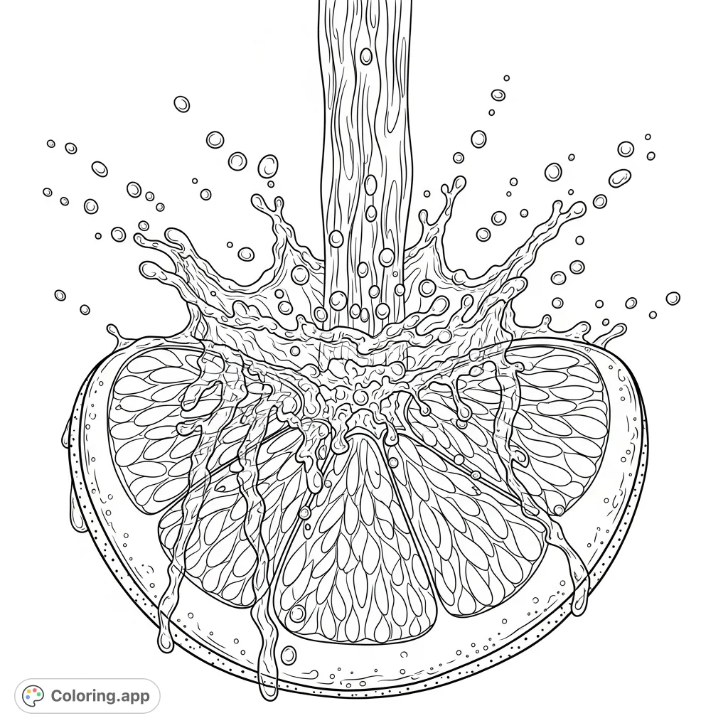 A peeled citrus segment, rich with juice vesicles, caught mid-splash by a cascade of water, creating dynamic patterns. A refreshing, detailed coloring page.