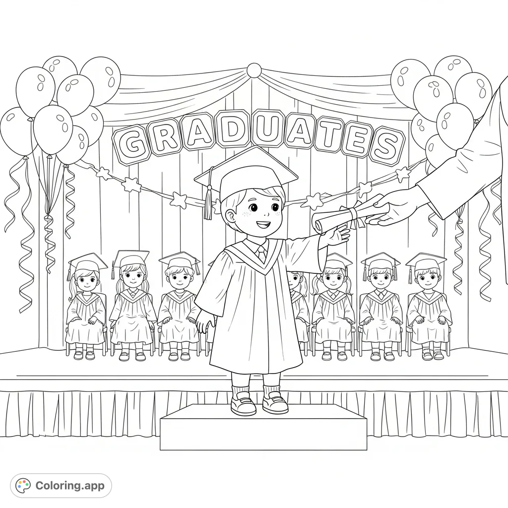 Celebrate academic milestones with this charming free printable graduation coloring page. Features young children in caps and gowns, receiving diplomas on a decorated stage.