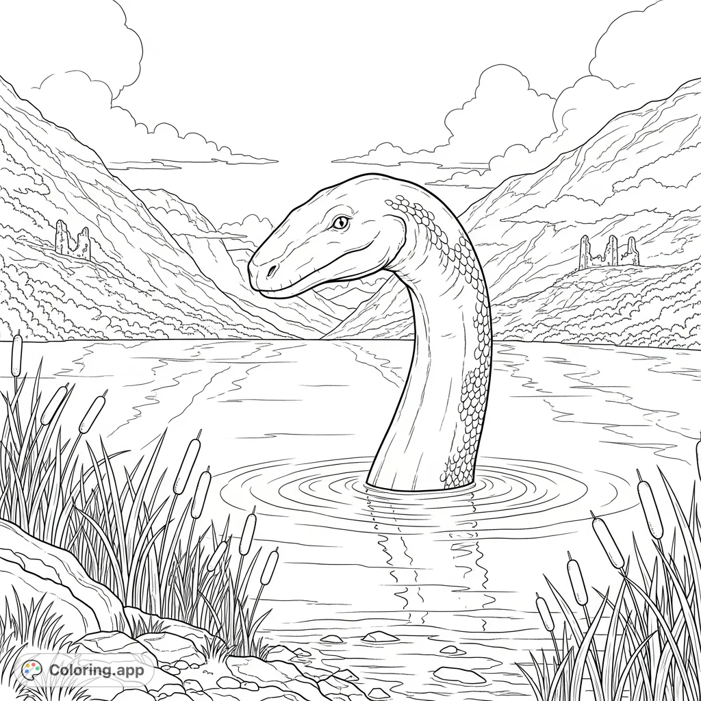 A majestic Loch Ness Monster gracefully emerges from a vast lake, surrounded by rocky shores, ancient ruins, and a rugged, misty mountainous landscape.