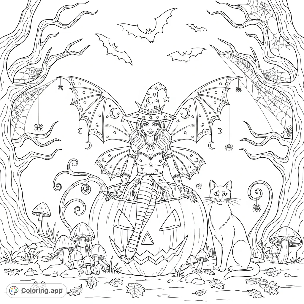 An intricately detailed mischievous fairy rests inside a carved jack-o-lantern, surrounded by a spooky forest clearing, bats, and a companion cat.