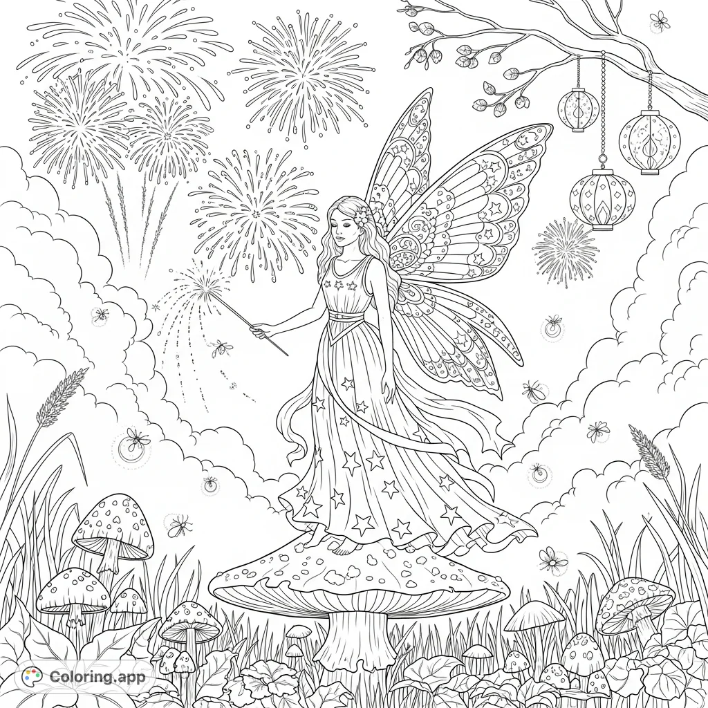 A graceful patriotic fairy stands on a star-shaped mushroom, holding a sparkler wand under a sky filled with intricate fireworks. Perfect for detailed adult coloring.