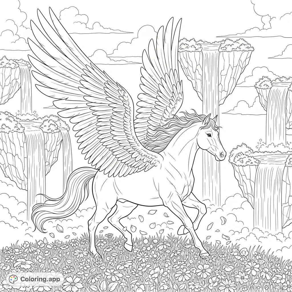 A majestic pegasus with powerful wings gallops across a wildflower field on a floating island, surrounded by cascading waterfalls from mystical islands.