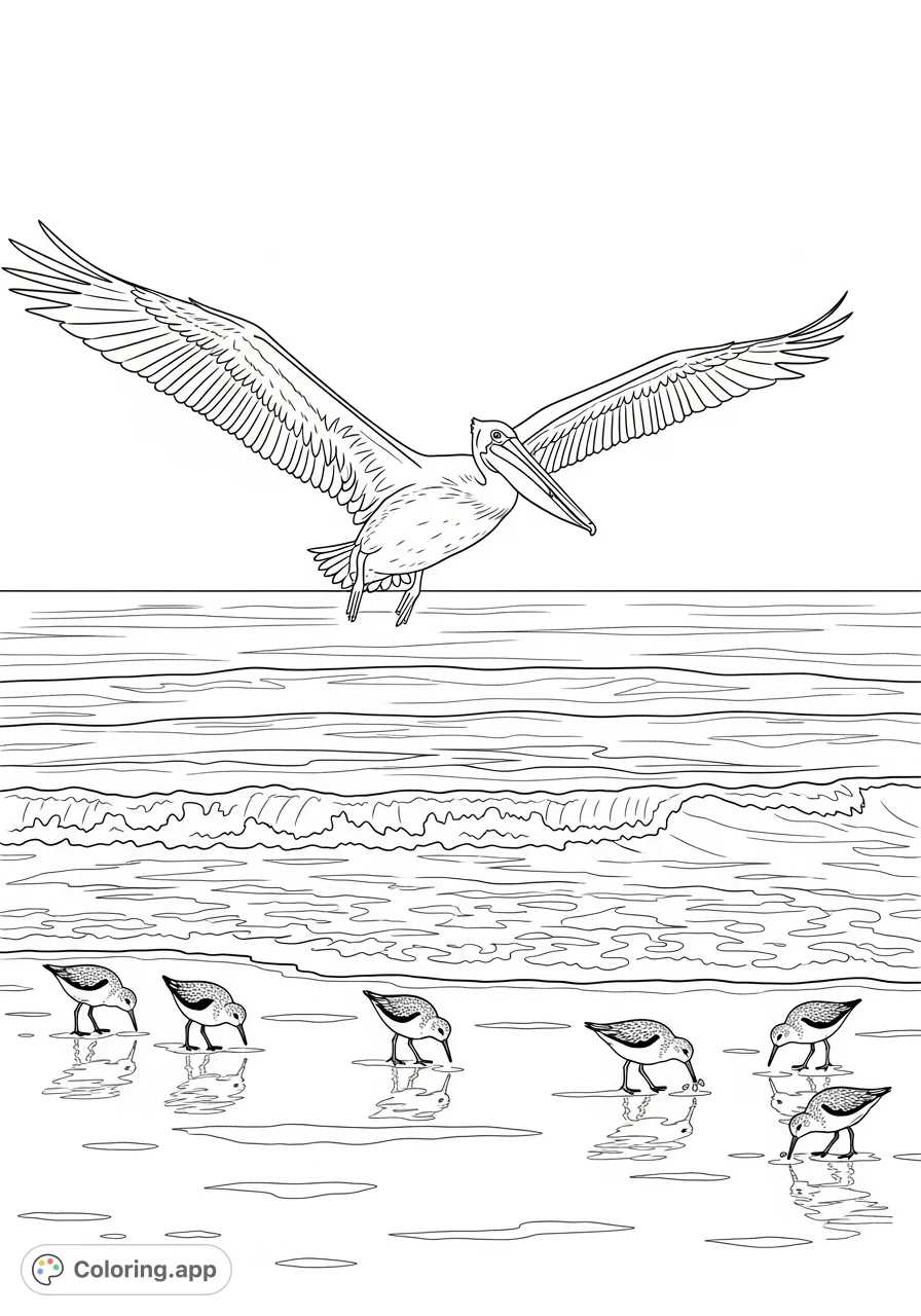 A tranquil pelican coloring page featuring a majestic pelican gliding over ocean waves, with tiny sandpipers busy on the wet sand. A serene nature scene.