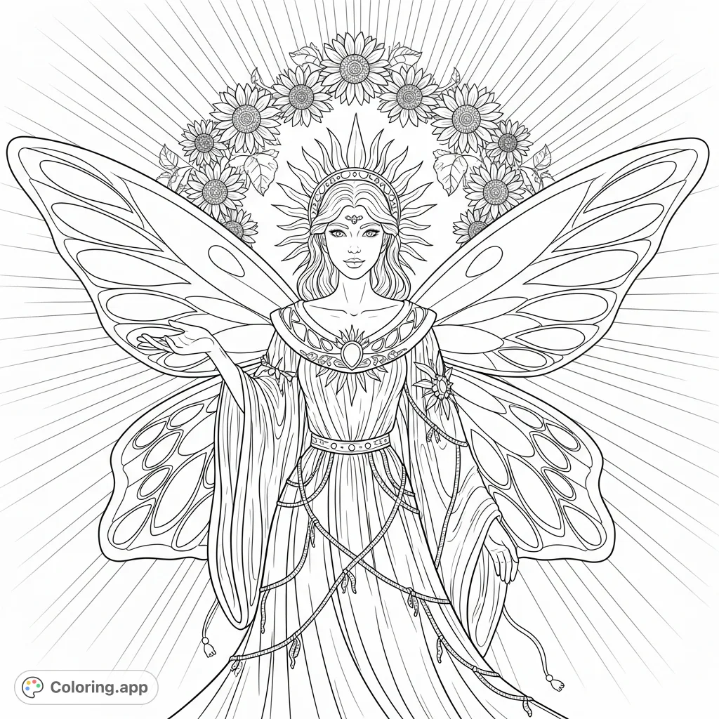Immerse yourself in the magic of a radiant sun fairy, her butterfly-inspired wings and sunflower halo illuminating a scene of warmth and wonder.