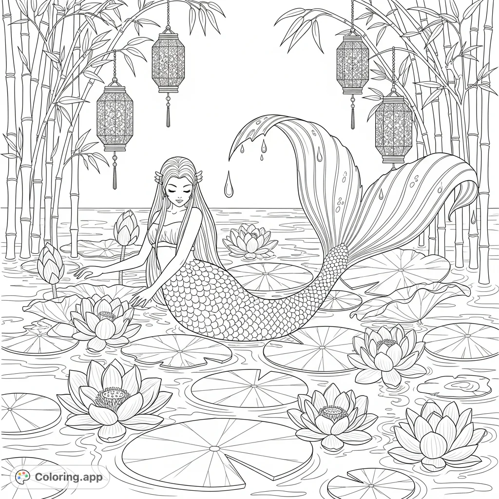 Discover a tranquil mermaid coloring page featuring a regal mermaid with an elegant tail, delicate lotus flowers, and ornate lanterns in a serene pond setting.
