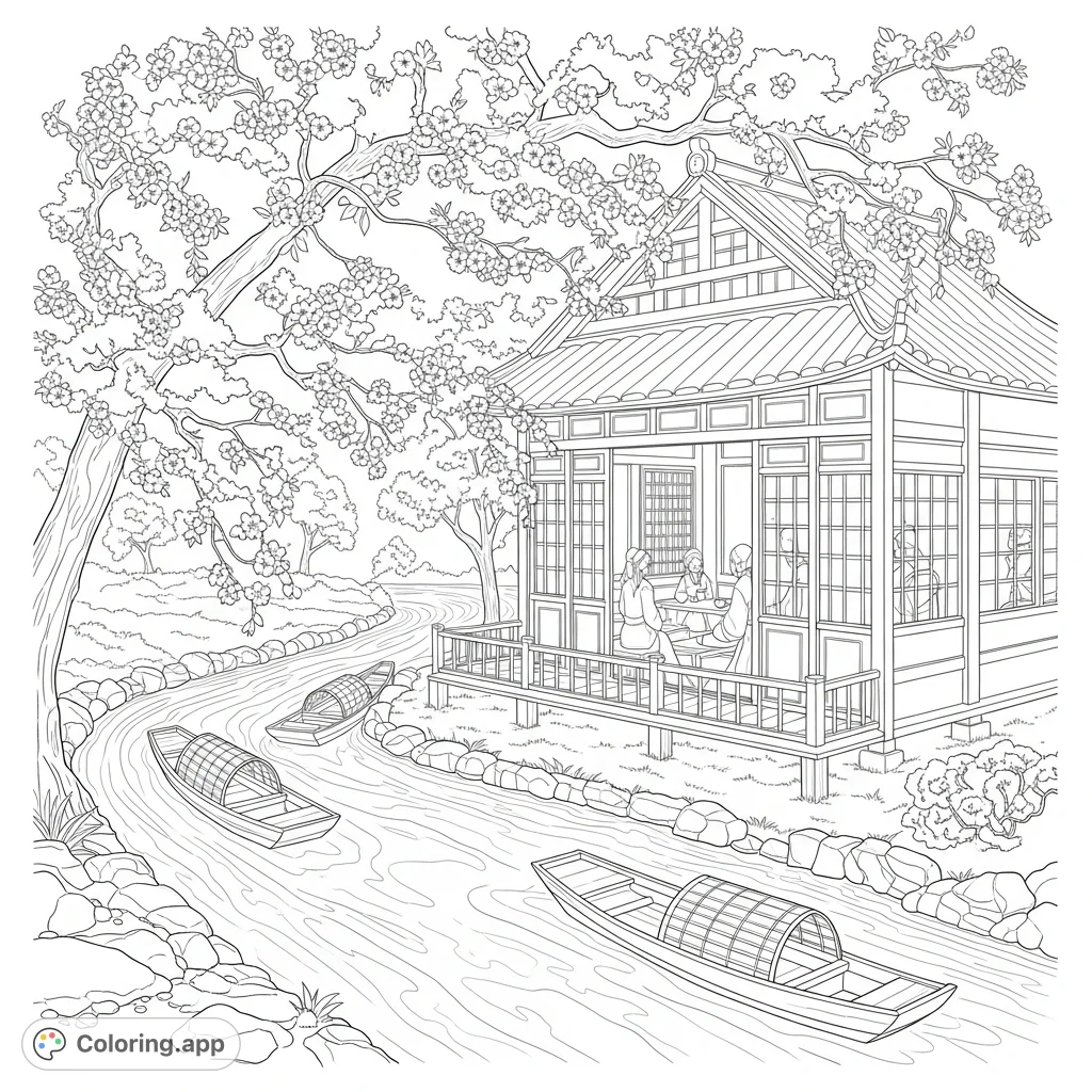 Relax in a picturesque tea house nestled by a serene river, adorned with cherry blossoms. Watch wooden boats drift by while enjoying a moment of tranquility.