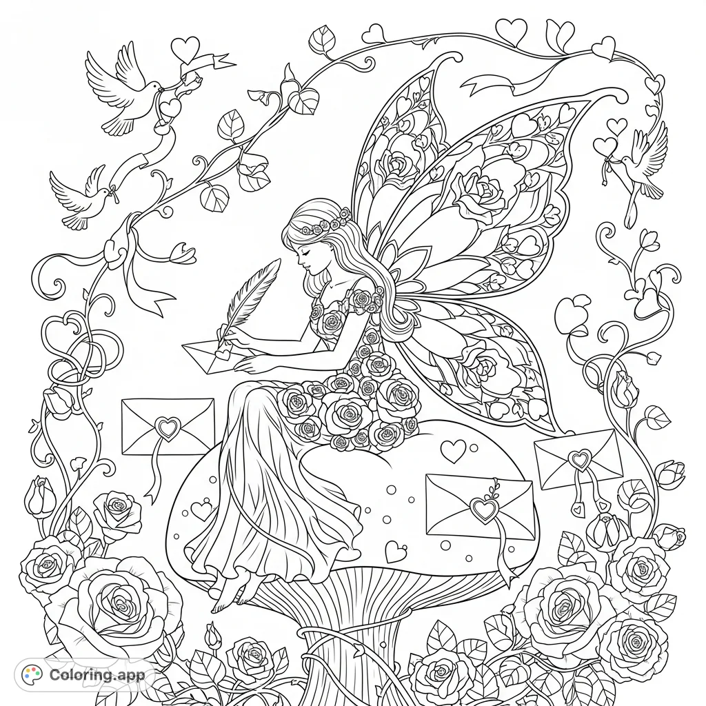Discover a romantic fairy on a heart mushroom, writing letters amidst rose petal wings, floral gowns, doves, and intricate heart-shaped vines. A detailed fantasy escape.