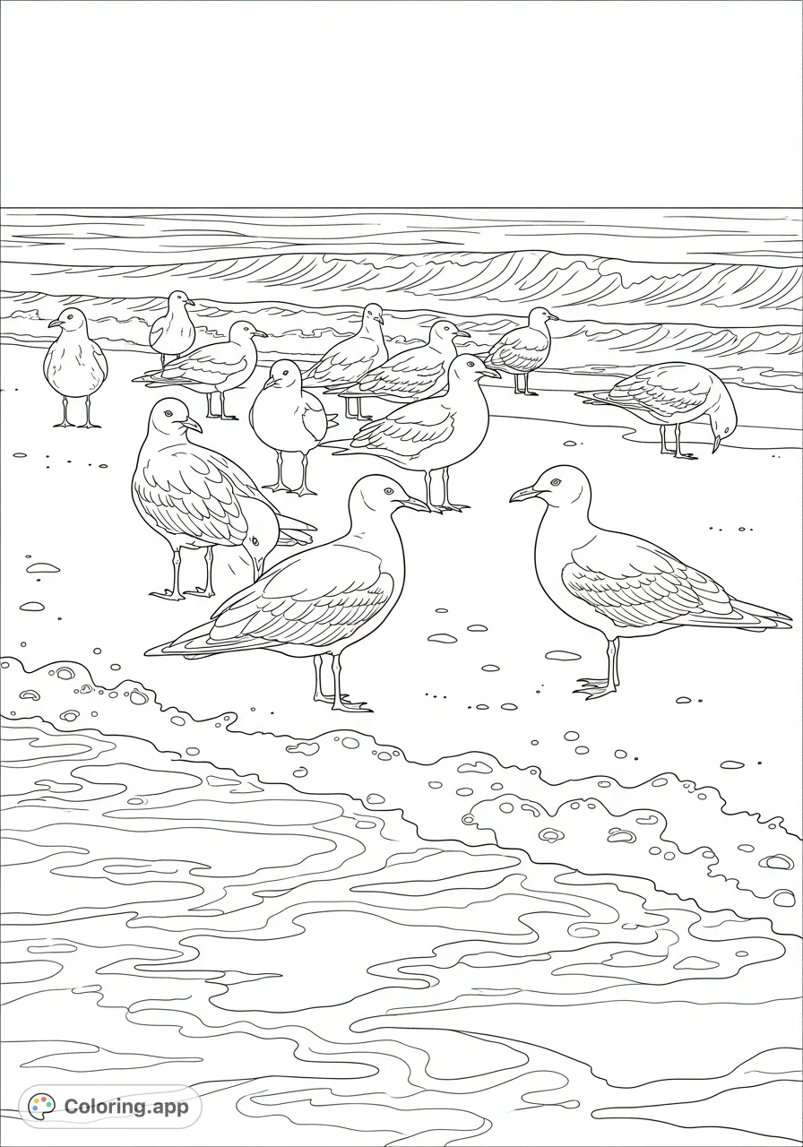 Capture the serene beauty of a flock of seagulls on a vast sandy beach with breaking waves. A peaceful nature scene for all ages to color.