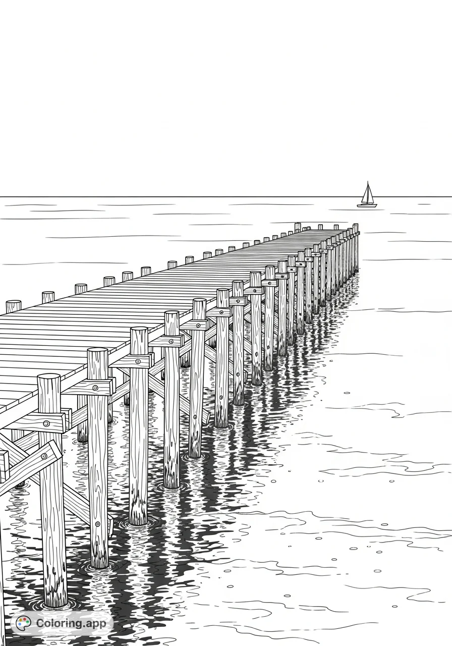A picturesque scene featuring a long, weathered wooden pier extending into calm ocean waters with a solitary sailboat on the horizon under a vast sky. A tranquil coastal view.