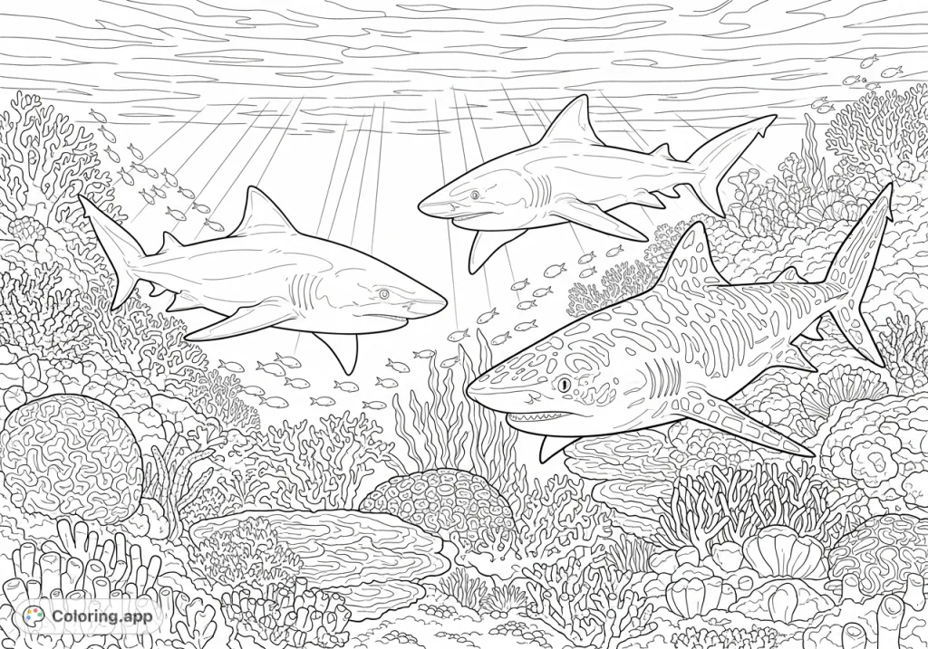 Explore a highly detailed coral reef featuring majestic Lemon sharks and a patterned Tiger shark amidst intricate corals and schooling fish. A captivating marine adventure.