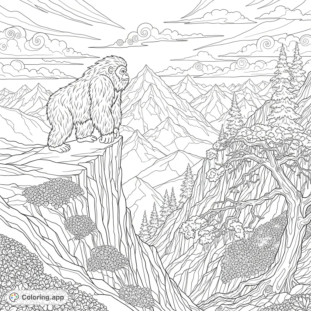 Discover a magnificent yeti on a jagged mountain peak, its thick fur detailed amidst snow-capped summits and swirling clouds. A challenging, free printable yeti coloring page.