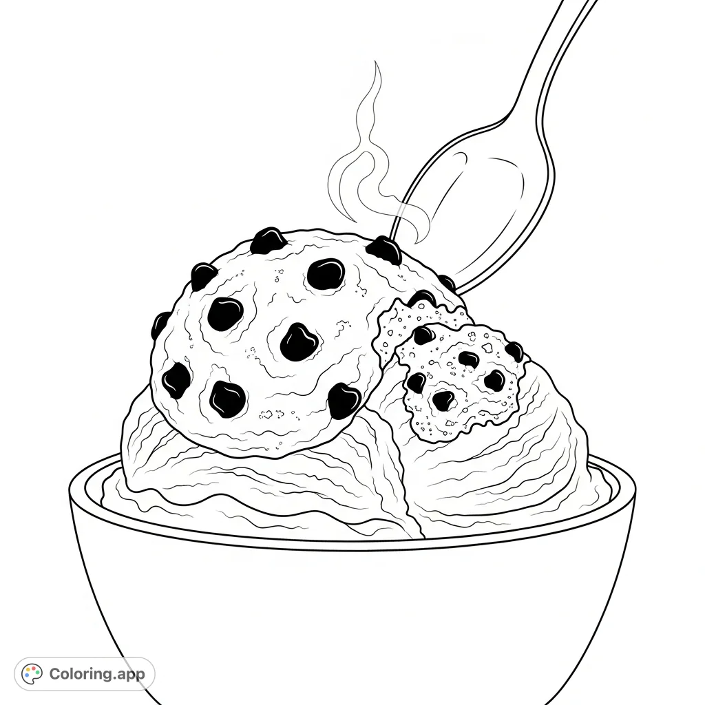 Indulge in this delightful ice cream coloring page featuring a spoon poised over vanilla ice cream with melting chocolate chip cookie dough. Perfect for all ages!