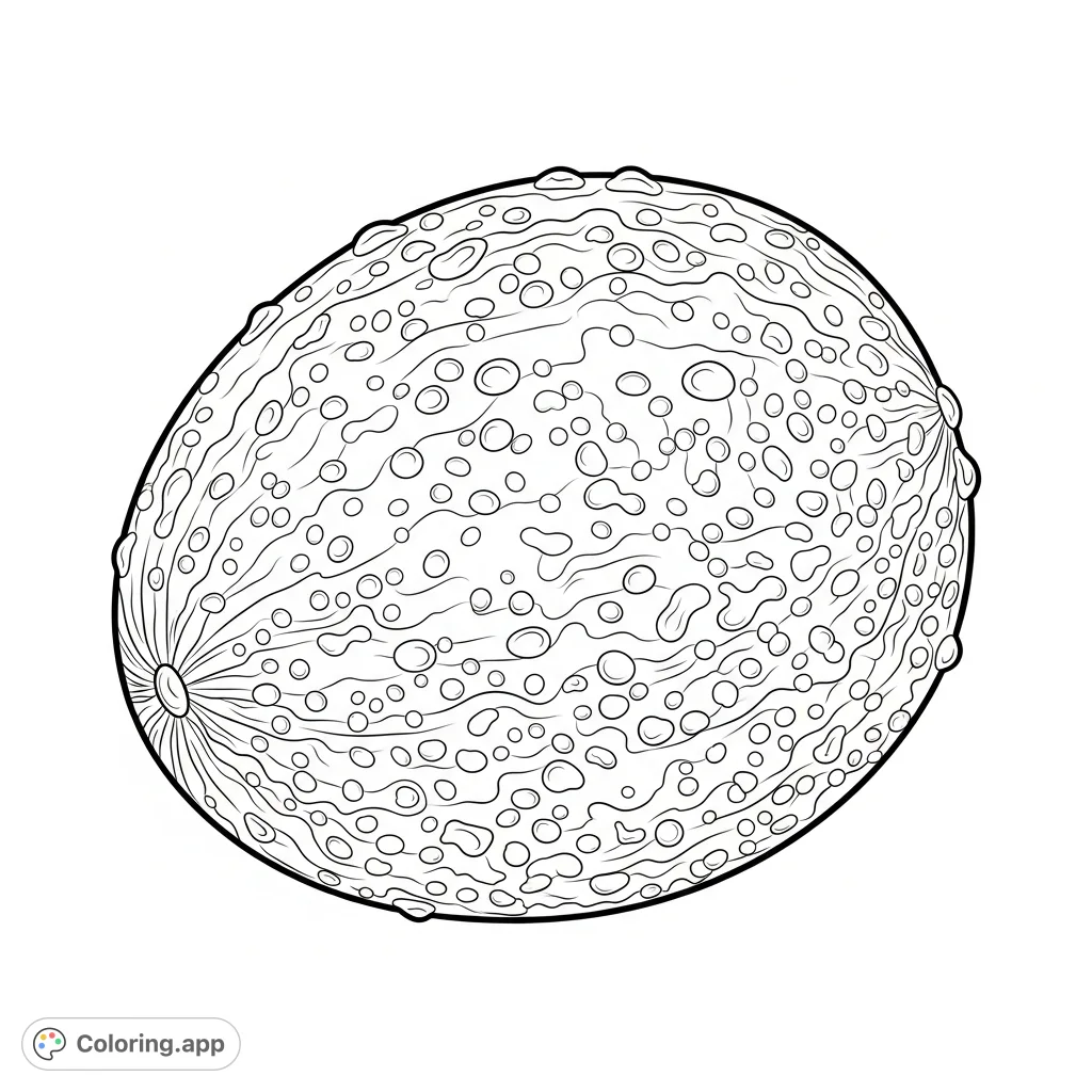 A detailed coloring page of a single passion fruit with deeply wrinkled skin and glistening condensation beads, perfect for exploring intricate textures.