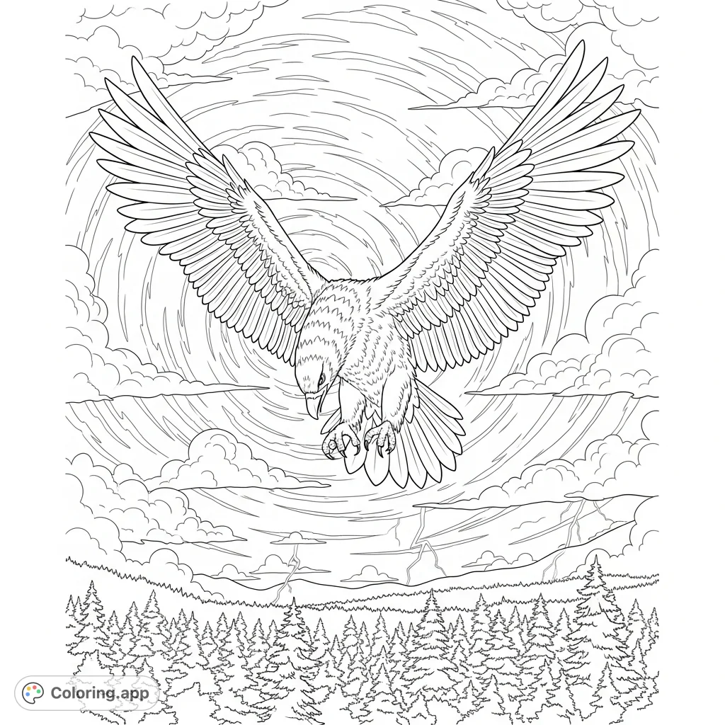 Witness a majestic thunderbird soaring from a tumultuous sky, its powerful wings spread wide above an ancient forest. A captivating fantasy journey.