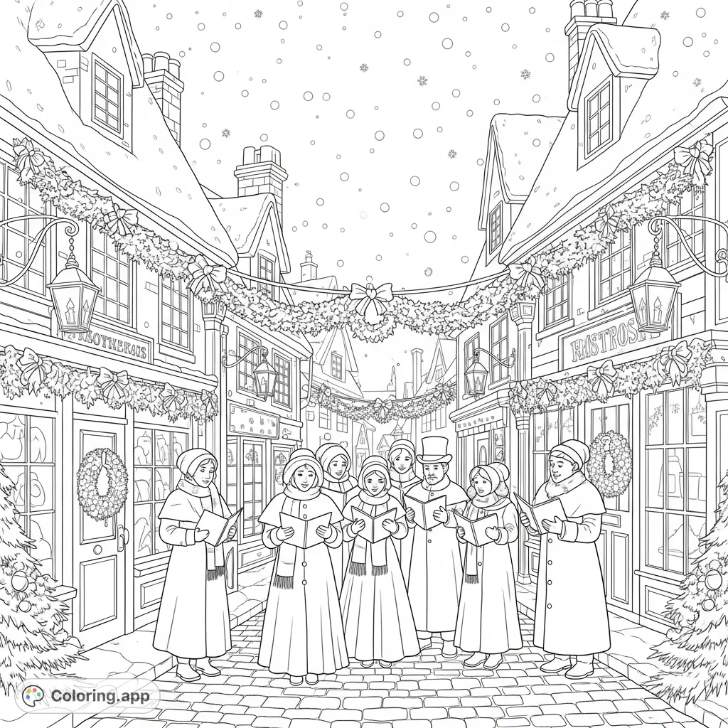 Step into a charming Victorian winter village with carolers, snow-covered shops, and intricate festive details. A delightful coloring page for all ages.