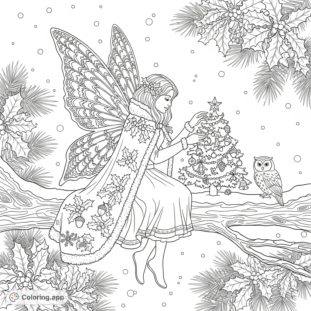 An enchanting winter fairy sits on a snowy branch, decorating a tiny woodland Christmas tree amidst falling snow, perfect for intricate coloring.