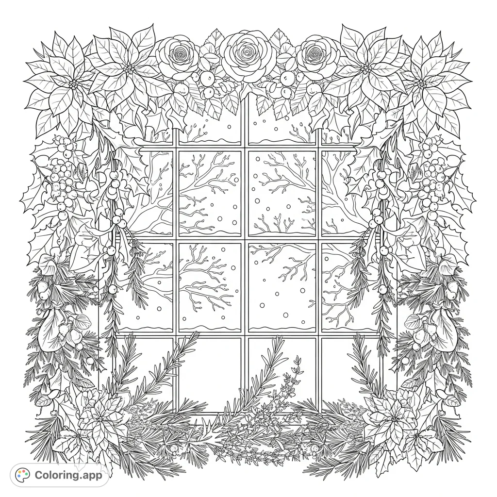 An intricate winter botanical frame surrounds a window, featuring interwoven poinsettias, holly, pine, and bare branches dusted with snow. A charming seasonal design.