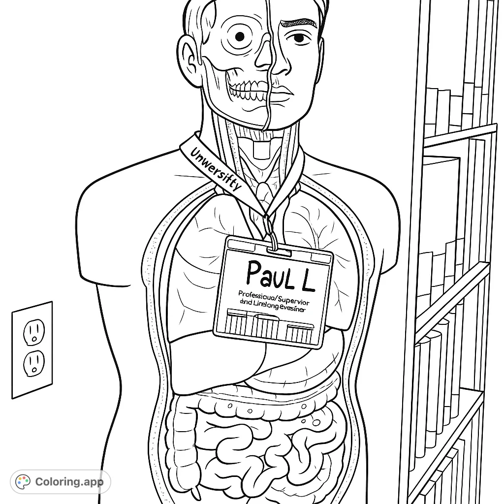 Explore human anatomy with this detailed coloring page of a torso model, featuring internal organs, a half-skull face, and intricate structures.