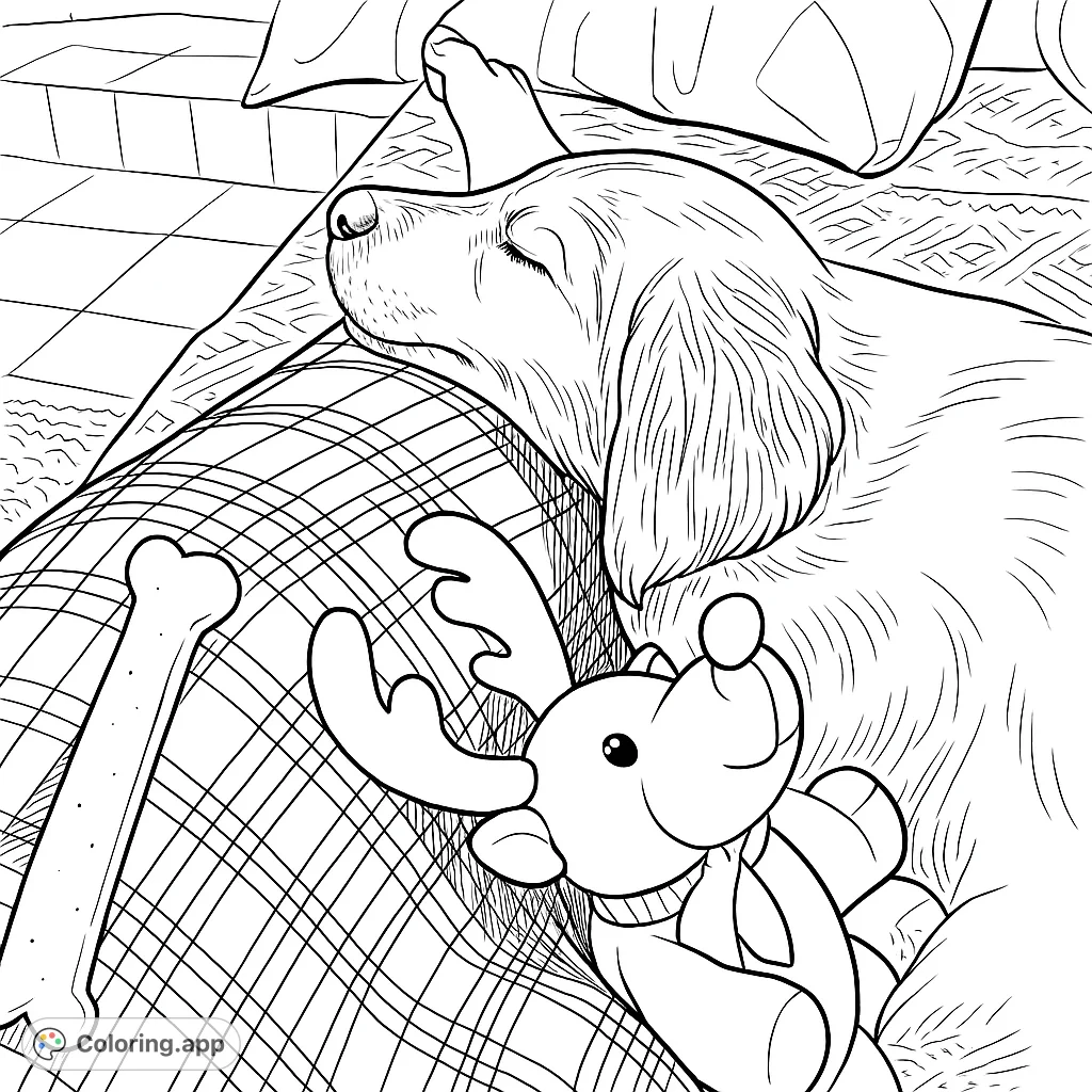 A heartwarming puppy coloring page featuring a sleepy Golden Retriever puppy resting on a plaid lap with a reindeer toy and bone, perfect for animal lovers.