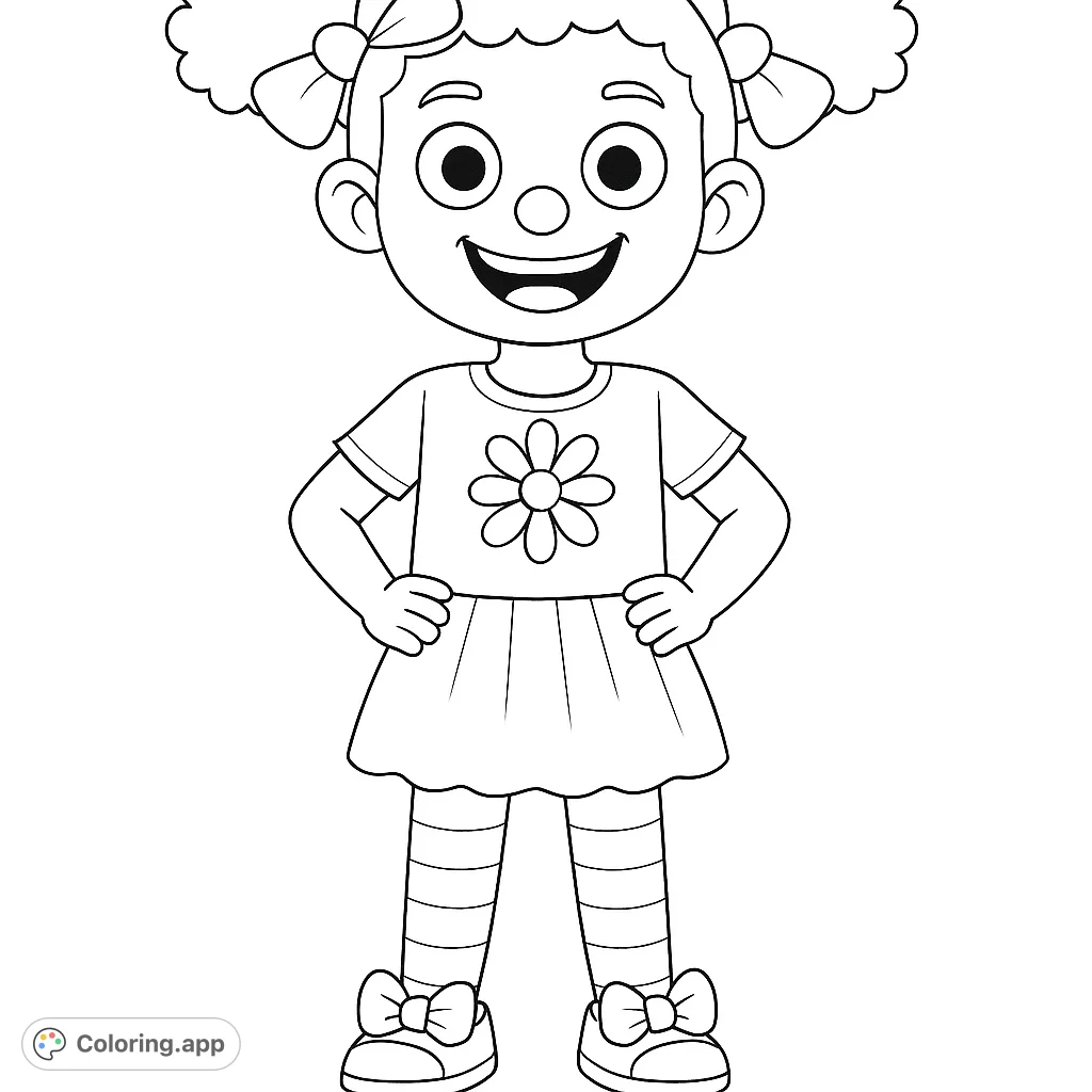 A delightful coloring page featuring a happy cartoon girl with a flower-decorated shirt, pleated skirt, and striped tights. Perfect for young artists to express creativity.