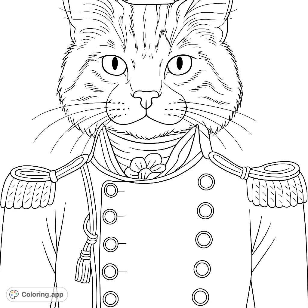 A stately cat portrait in a detailed military-style uniform, featuring intricate fur patterns and ornate jacket elements. Perfect for fans of whimsical animal art.