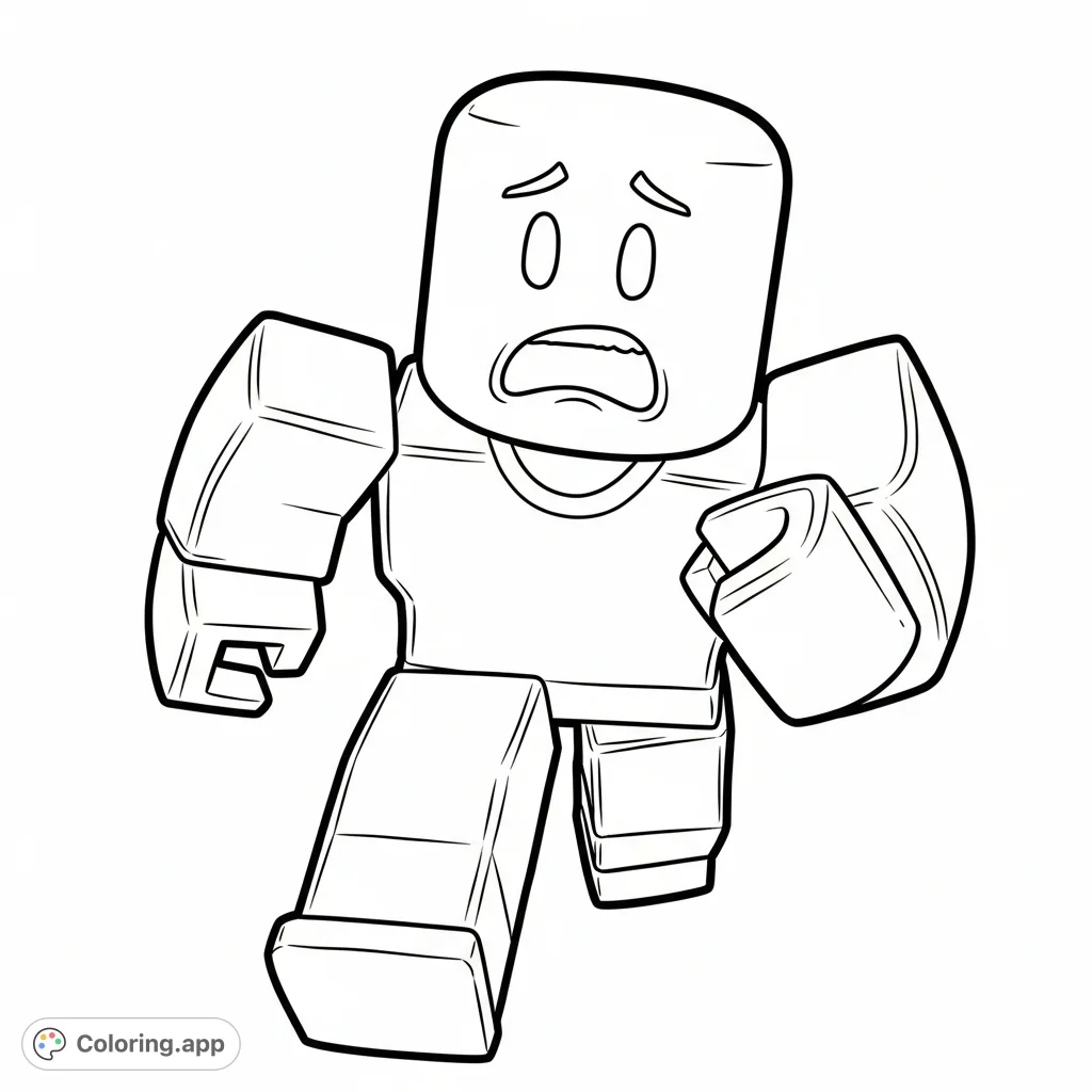 A classic Roblox noob is caught mid-run, wide-eyed and terrified, dashing towards the viewer. A fun, free printable Roblox coloring page for kids and fans.