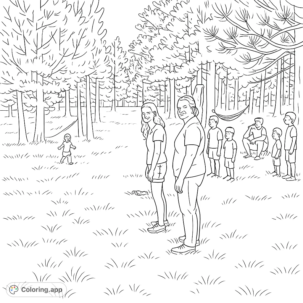 Capture a joyful family outing amidst a serene forest. This page features adults and children exploring a grassy clearing under a vast sky.