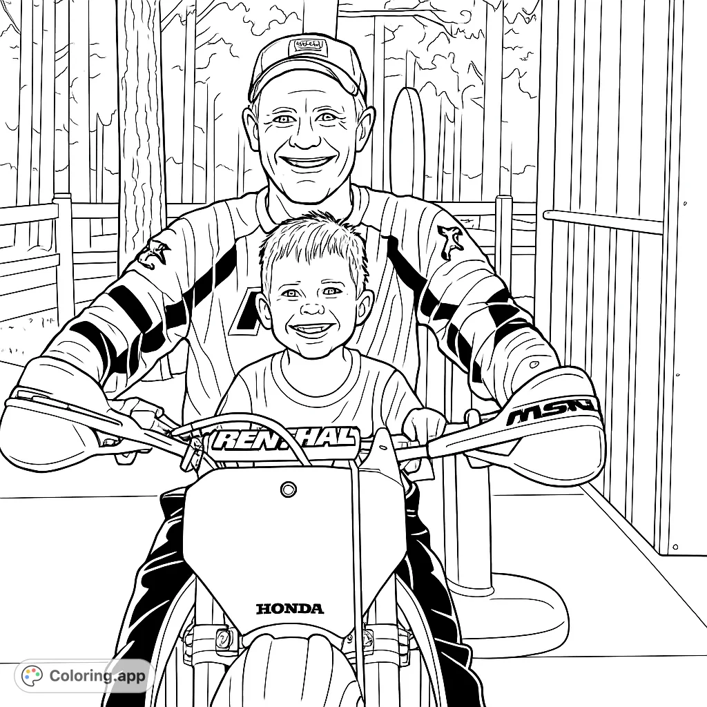 A heartwarming coloring page featuring a father and son smiling on a dirt bike. Perfect for family fun and motor sports enthusiasts.