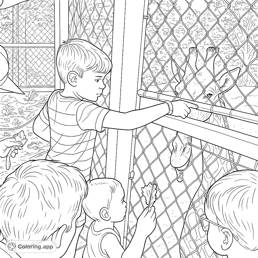 Experience the joy of feeding a majestic giraffe at the zoo. A heartwarming scene of connection, perfect for animal lovers to bring to life with colors.