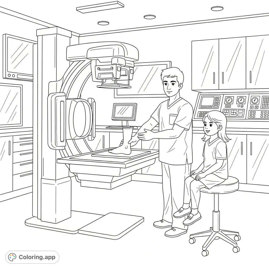 Explore a detailed X-ray room with a young man in scrubs preparing to X-ray a girl's foot on a floor machine. Perfect for medical themes.